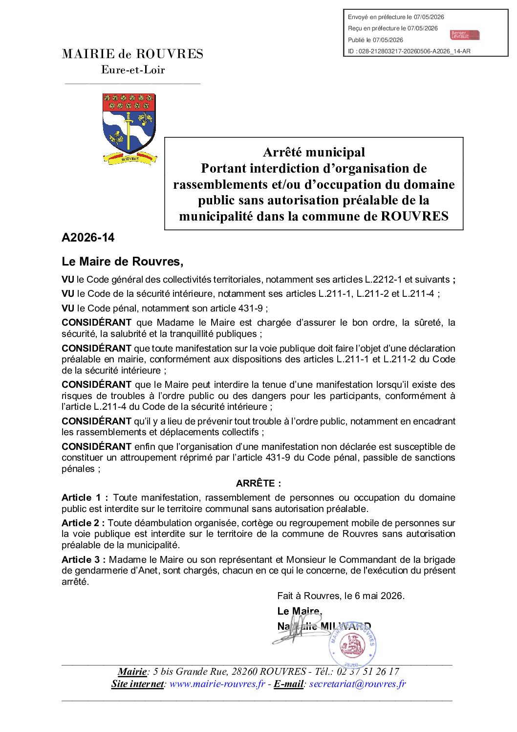 Arrêté municipal Portant interdiction d’organisation de rassemblements et/ou d’occupation du domaine public sans autorisation préalable de la municipalité dans la commune de ROUVRES